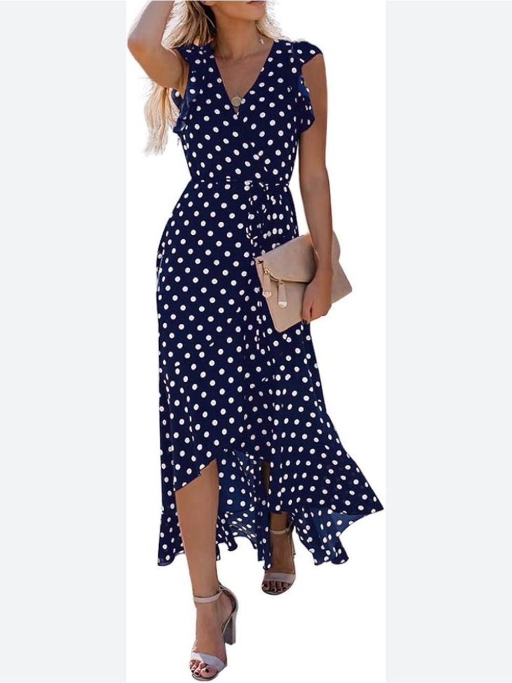 🆕 Grecerelle Navy Polka Dot Belted Midi Faux Wrap Dress w Ruffle Sleeves, Size L